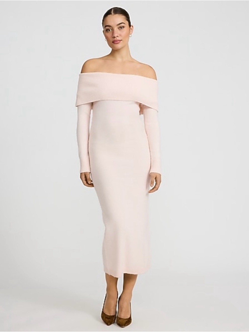 Off-Shoulder Fold Midi Sweater Dress in Light Pink